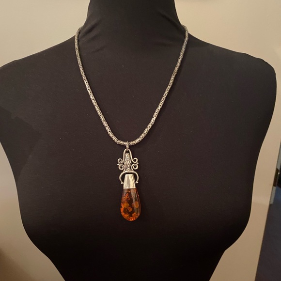 Vintage Turkish Sterling Silver and Amber Necklace - Picture 2 of 9